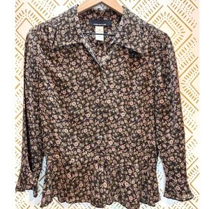 Jones New York 100% Silk Blouse Women 10 Ditzy Floral Bell Sleeve Peplum Ruffle